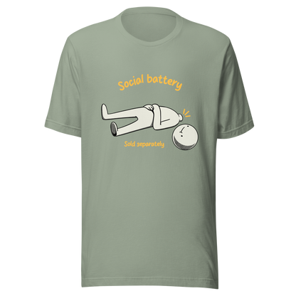 A cute character lying on the ground with their head separated from their body, paired with the phrase “Social Battery Sold Separately”. This humorous design captures the feeling of having no energy left for social interaction. Perfect for introverts and anyone who needs time alone to recharge, it’s a relatable and playful reminder that not everyone comes with a full social battery.