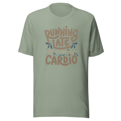 A playful hand-lettered typography design featuring the phrase “Running Late Is My Cardio,” with heartbeat lines and dynamic accents on the background. The artwork jokes that being late is the only form of exercise, poking fun at rushed mornings and chaotic routines with lighthearted humor. Ideal for chronically late people and anyone who loves good humor.