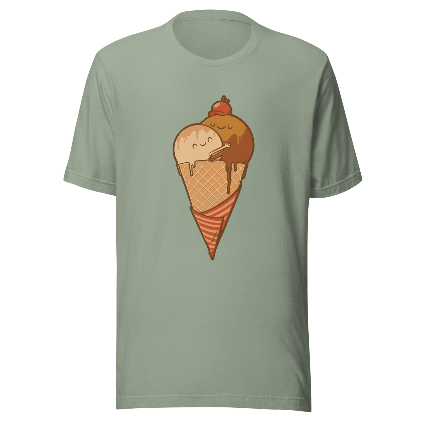 A cute illustration of an ice cream cone and two scoops hugging to form a heart, celebrating love, sweetness, and playful vibes. Perfect for dessert lovers and fans of adorable art.
