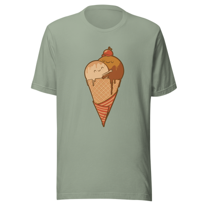 A cute illustration of an ice cream cone and two scoops hugging to form a heart, celebrating love, sweetness, and playful vibes. Perfect for dessert lovers and fans of adorable art.