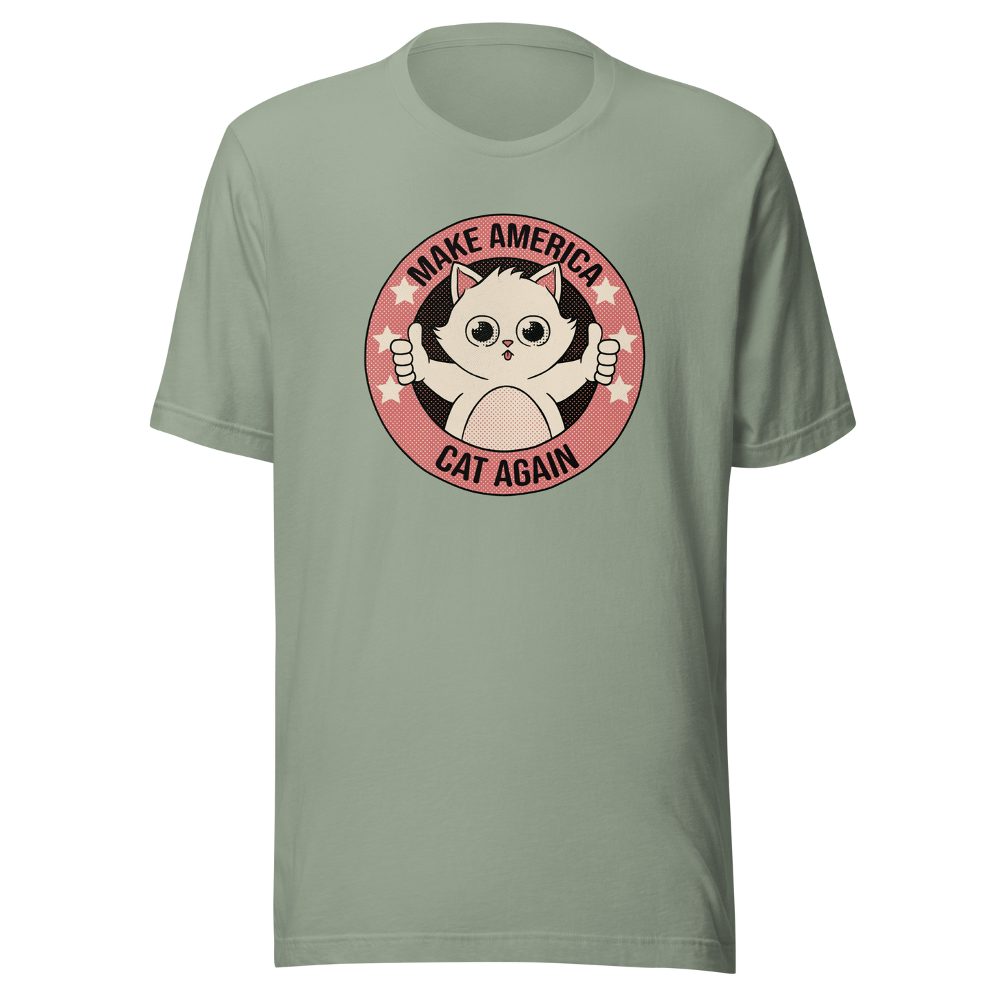 A stamp-style illustration of a cute kitten giving a two-finger thumbs-up, paired with the humorous phrase “Make America Cat Again”. A fun, ironic design for cat lovers and fans of playful pop culture art.