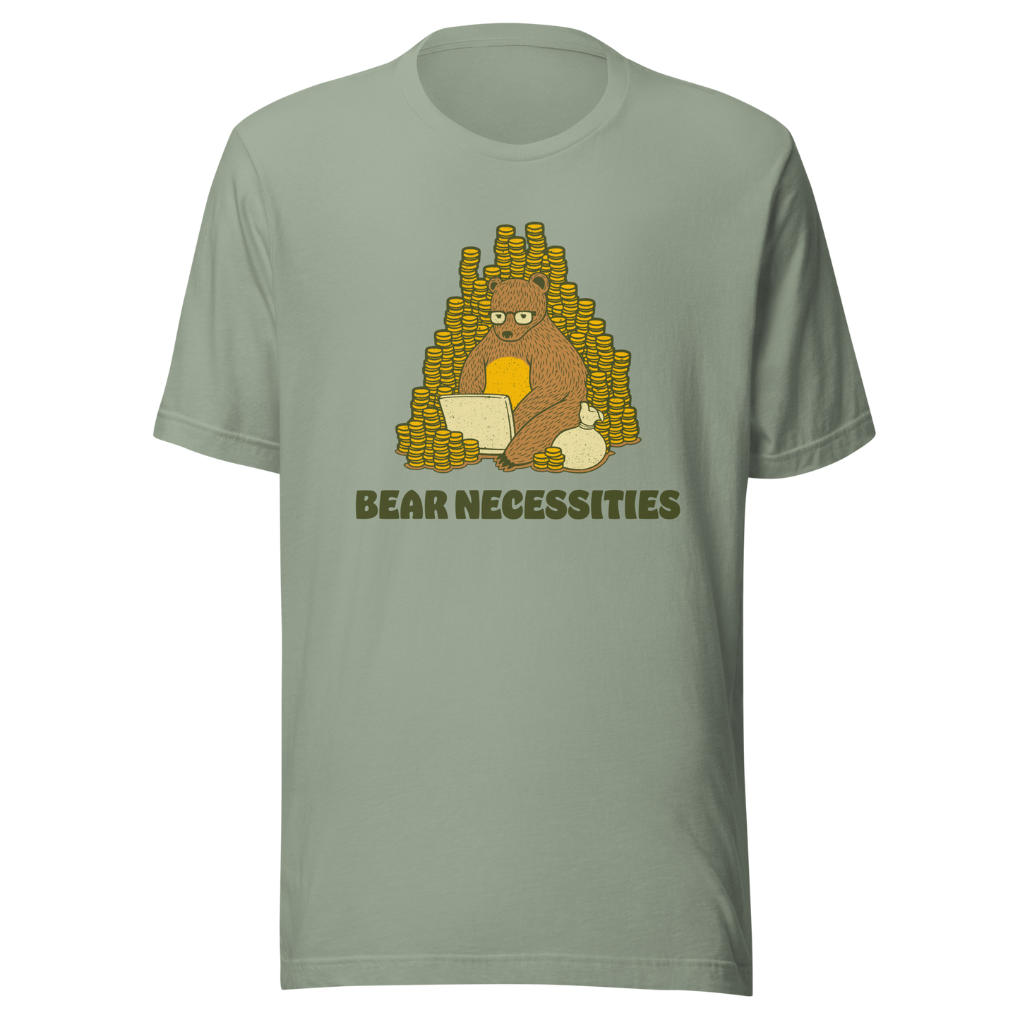 A brown bear wearing glasses works on his laptop, surrounded by stacks of coins. The phrase ‘Bear Necessities’ adds a clever, humorous twist. A minimalist and playful design, perfect for entrepreneurs, freelancers, office lovers and fans of witty animal art.