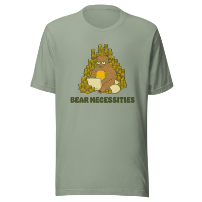 A brown bear wearing glasses works on his laptop, surrounded by stacks of coins. The phrase ‘Bear Necessities’ adds a clever, humorous twist. A minimalist and playful design, perfect for entrepreneurs, freelancers, office lovers and fans of witty animal art.
