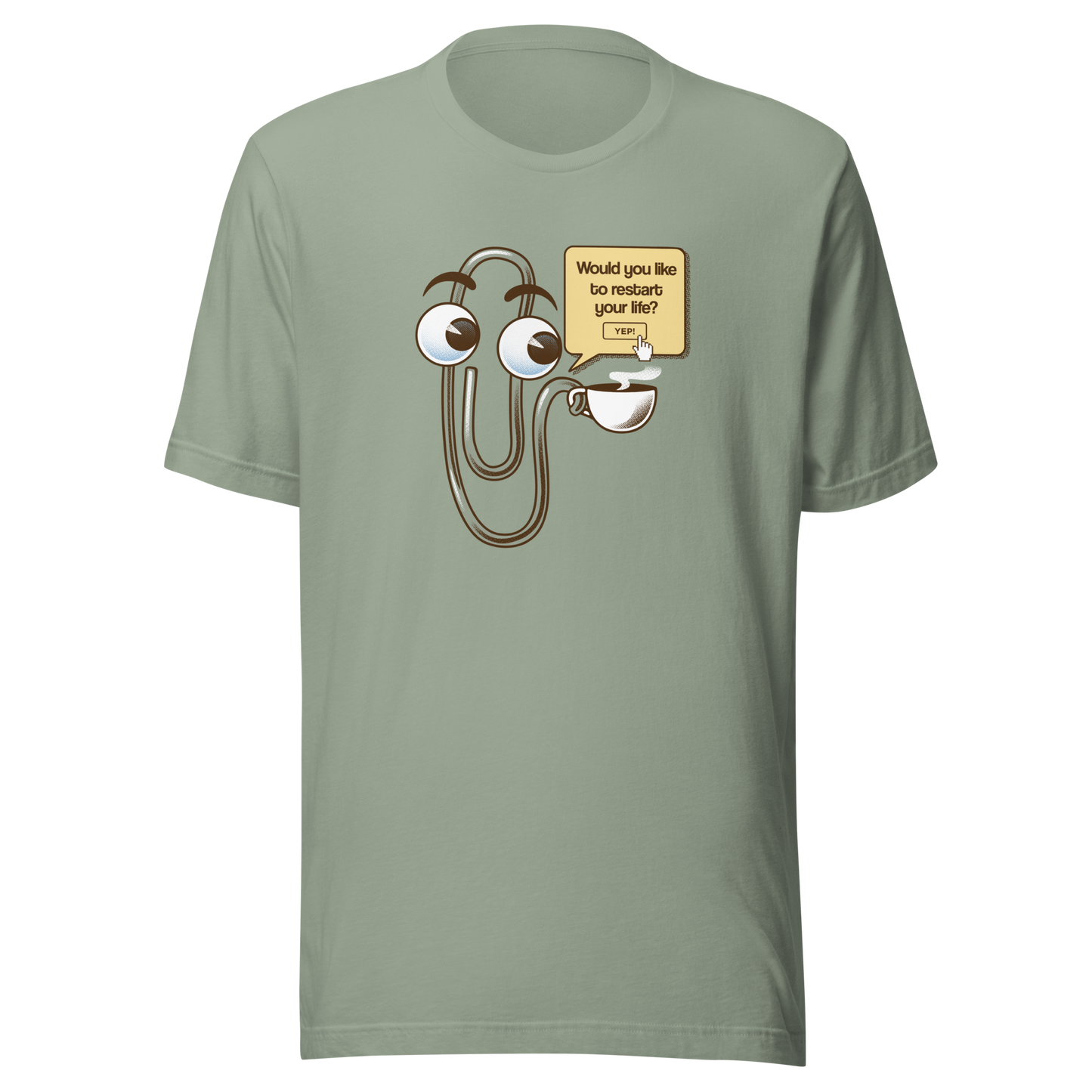 A playful paperclip character holding a cup of coffee with the phrase ‘You Look Like You Need a Coffee’. A witty, nostalgic design perfect for coffee lovers and fans of retro tech humour.
