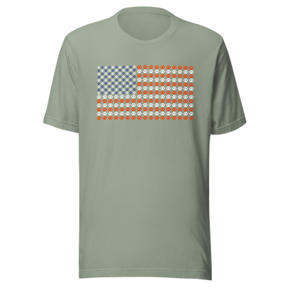 An artistic reinterpretation of the United States flag formed entirely by countless small paw prints. Blending patriotism with pet love, this creative design celebrates animal lovers, dogs, cats, and the special bond between people and their furry companions.