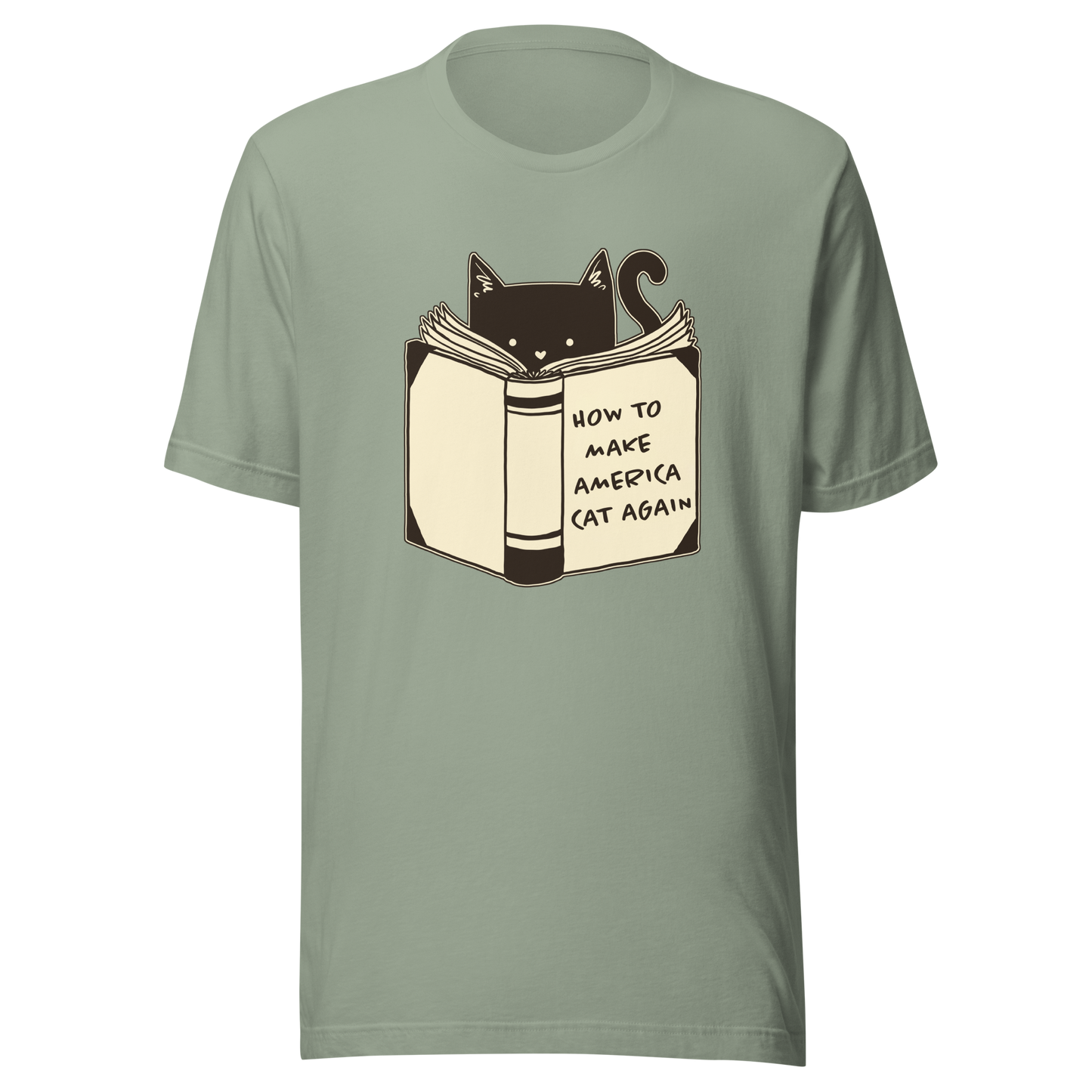 A minimalist illustration of a cat reading a book titled “How to Make America Cat Again”. A clean, witty design that blends feline charm with ironic humor, perfect for cat lovers and fans of clever, minimalist art.