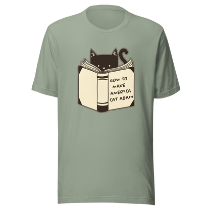 A minimalist illustration of a cat reading a book titled “How to Make America Cat Again”. A clean, witty design that blends feline charm with ironic humor, perfect for cat lovers and fans of clever, minimalist art.