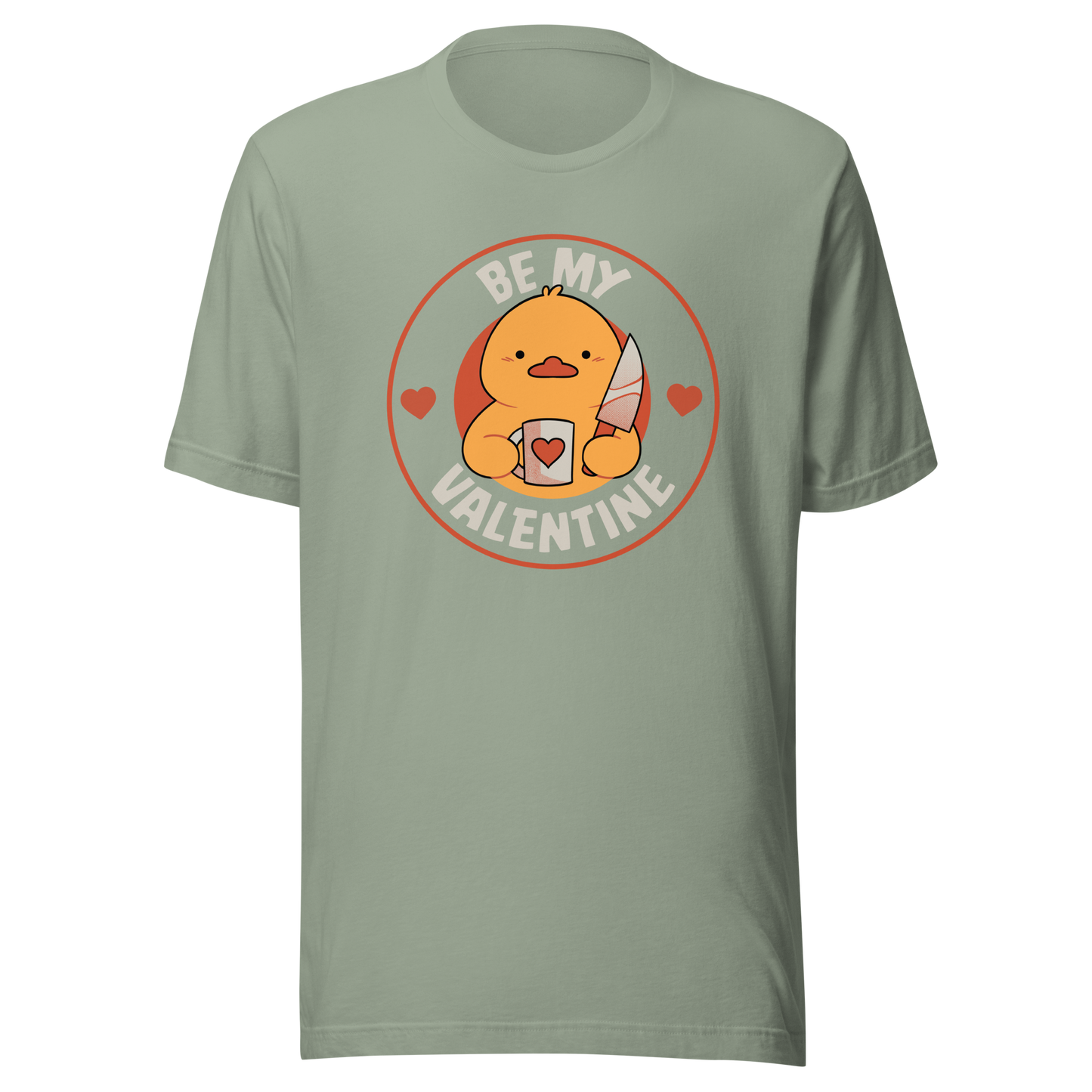 A cute duckling holding a heart-shaped coffee mug and a small knife, paired with the phrase ‘Be My Valentine Funny Duck’. A playful mix of cuteness and dark humor, perfect for coffee lovers and fans of ironic, quirky art.