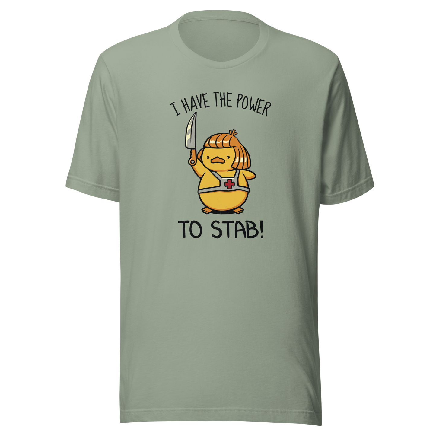 An illustration of a duck inspired by a classic '80s fantasy cartoon hero, dramatically holding a knife like a legendary sword beneath the phrase "I Have The Power To Stab." A fun parody design for fans of retro cartoons, nostalgic pop culture, fantasy adventures, and absurd animal humour.