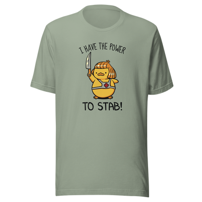 An illustration of a duck inspired by a classic '80s fantasy cartoon hero, dramatically holding a knife like a legendary sword beneath the phrase "I Have The Power To Stab." A fun parody design for fans of retro cartoons, nostalgic pop culture, fantasy adventures, and absurd animal humour.