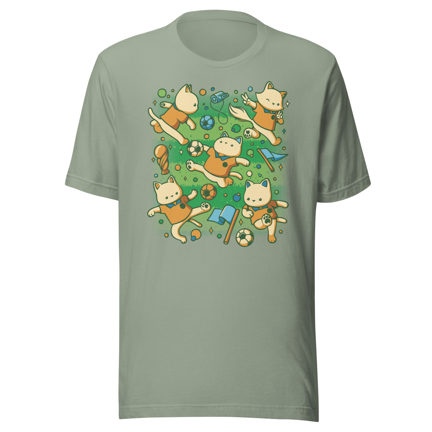 An artwork featuring several cats in soccer uniforms kicking a ball, surrounded by trophies, flags, and other football-inspired elements. A playful design perfect for cat lovers, soccer fans, and anyone who enjoys whimsical sports-themed art.