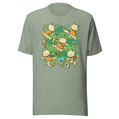 An artwork featuring several cats in soccer uniforms kicking a ball, surrounded by trophies, flags, and other football-inspired elements. A playful design perfect for cat lovers, soccer fans, and anyone who enjoys whimsical sports-themed art.