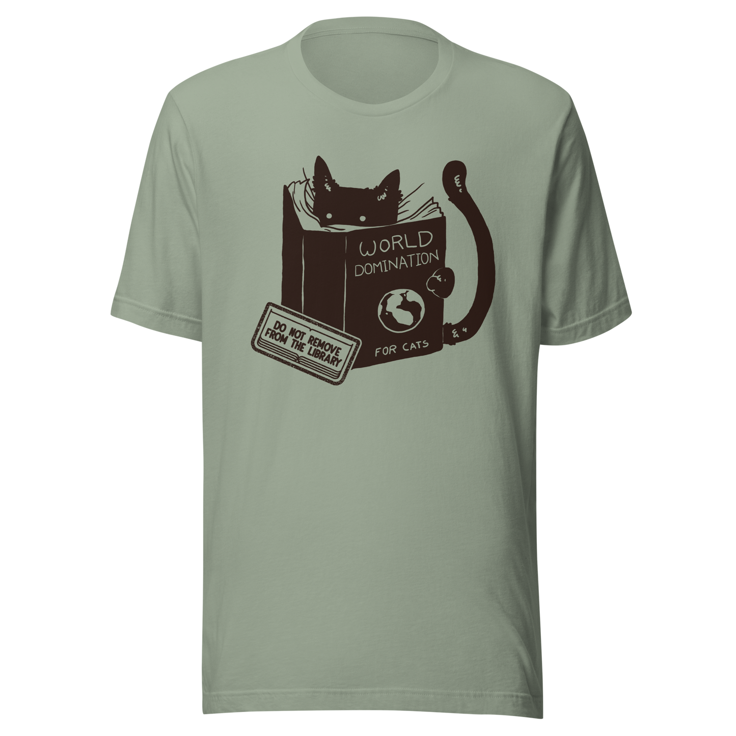 A minimalist illustration of a black kitten reading a book titled “World Domination for Cats,” featuring a humorous “Do Not Remove From Library” sticker. A playful artwork that captures the clever and ambitious nature of cats, perfect for cat lovers and fans of witty minimalist designs.