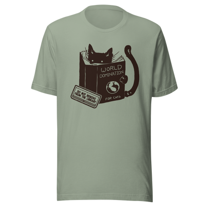 A minimalist illustration of a black kitten reading a book titled “World Domination for Cats,” featuring a humorous “Do Not Remove From Library” sticker. A playful artwork that captures the clever and ambitious nature of cats, perfect for cat lovers and fans of witty minimalist designs.
