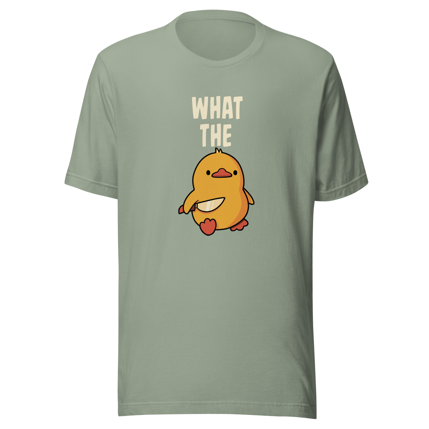 A cute yellow duck holding a small knife, with “What The” above it, completed by the duck below to read “What The Duck”. A playful mix of sweet and chaotic humor.
