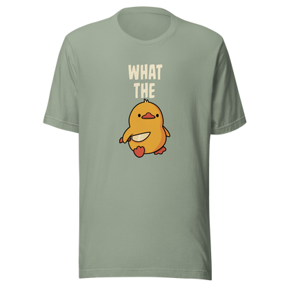 A cute yellow duck holding a small knife, with “What The” above it, completed by the duck below to read “What The Duck”. A playful mix of sweet and chaotic humor.