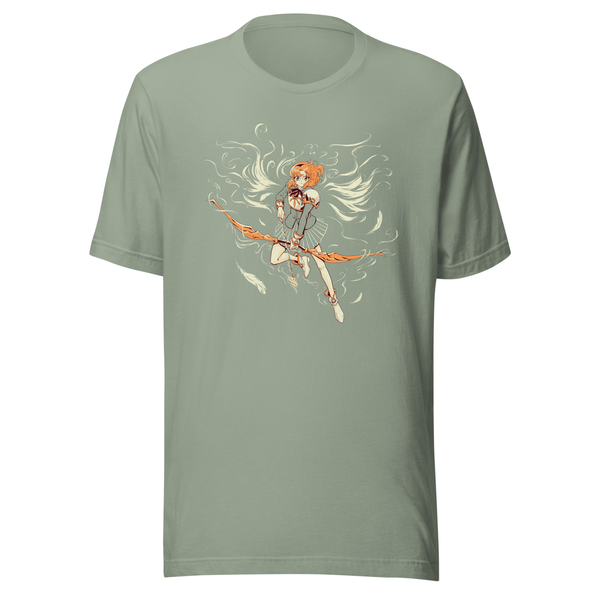 A whimsical magical heroine floats through the air with flowing hair, feather-like shapes, and an ornate fantasy staff. The elegant retro-inspired illustration combines movement, fantasy, and delicate decorative details.