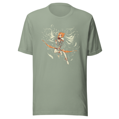 A whimsical magical heroine floats through the air with flowing hair, feather-like shapes, and an ornate fantasy staff. The elegant retro-inspired illustration combines movement, fantasy, and delicate decorative details.