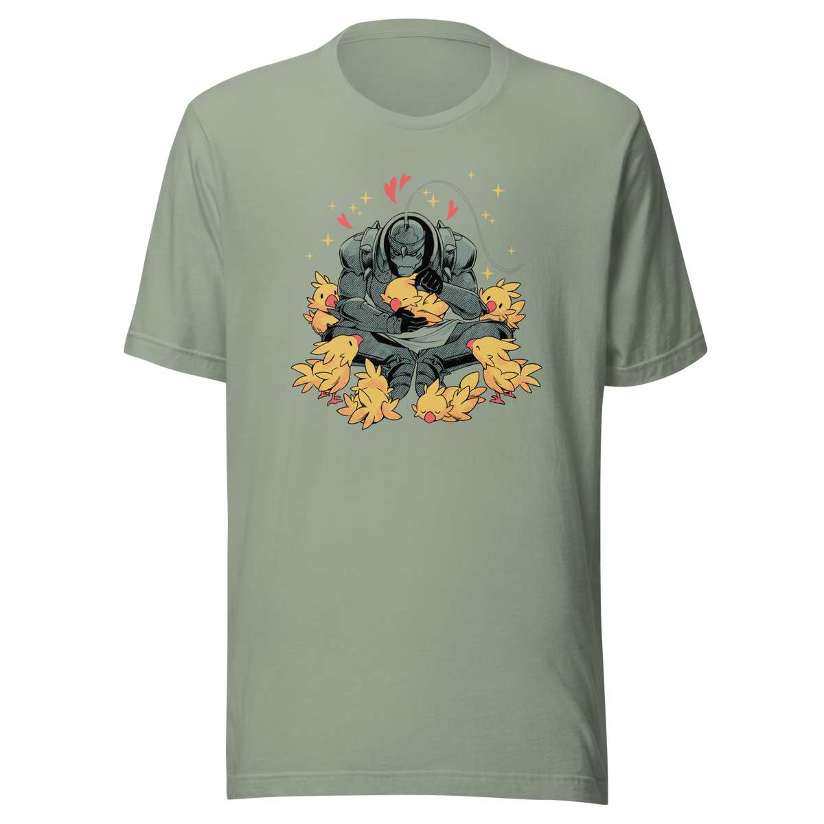 A dark armored warrior sits cross-legged, gently cuddling a group of fluffy yellow birds. Pink hearts and golden sparkles surround the unlikely duo, creating a humorous contrast between a fierce appearance and a tender, affectionate side.