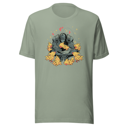 A dark armored warrior sits cross-legged, gently cuddling a group of fluffy yellow birds. Pink hearts and golden sparkles surround the unlikely duo, creating a humorous contrast between a fierce appearance and a tender, affectionate side.