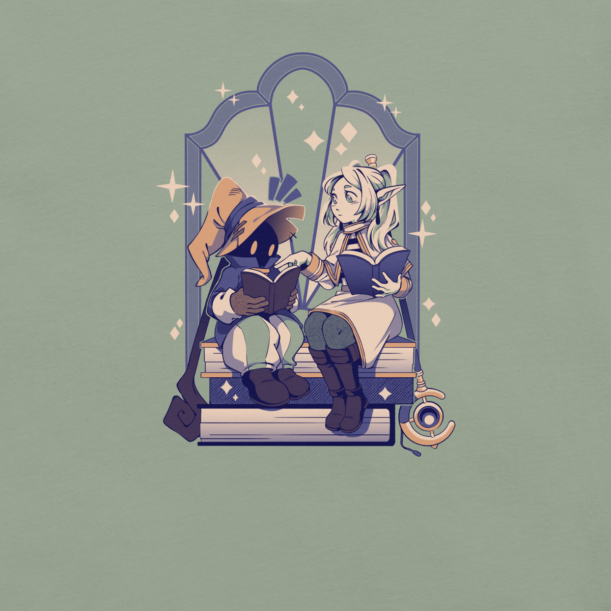 A cozy fantasy scene of an elf girl and a tiny mage reading together on stacked books, surrounded by sparkles and magical charm in a soft pastel palette.
