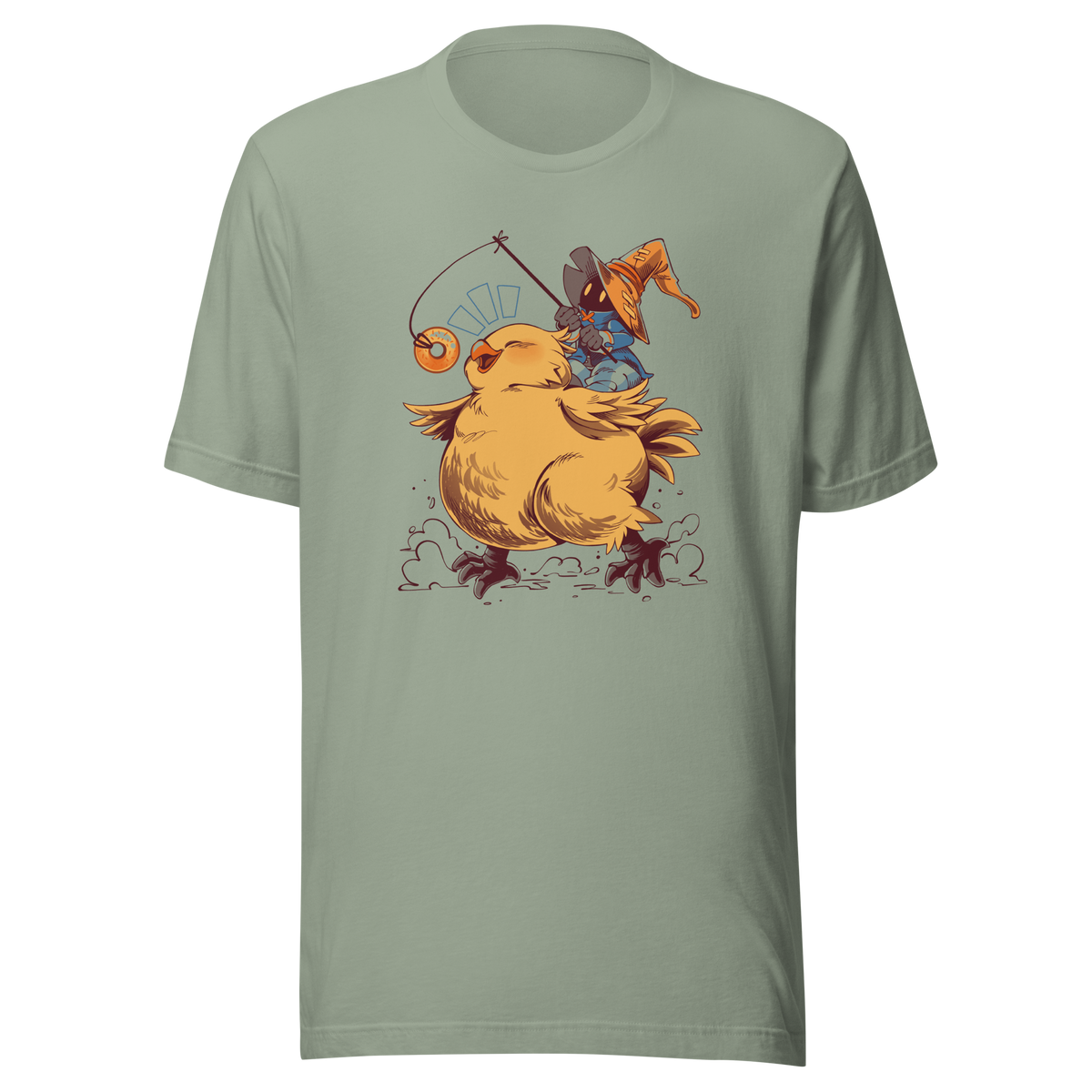 A tiny wizard rides a chunky yellow bird while chasing a dangling donut, mixing cute fantasy chaos, retro RPG charm, and playful adventure in a fun whimsical design.