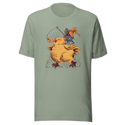 A tiny wizard rides a chunky yellow bird while chasing a dangling donut, mixing cute fantasy chaos, retro RPG charm, and playful adventure in a fun whimsical design.