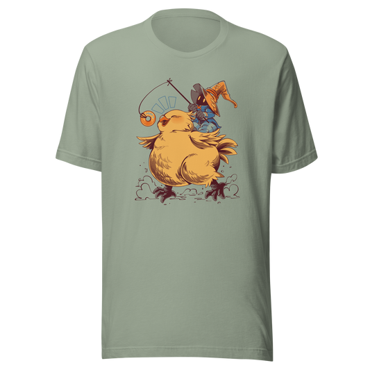 A tiny wizard rides a chunky yellow bird while chasing a dangling donut, mixing cute fantasy chaos, retro RPG charm, and playful adventure in a fun whimsical design.