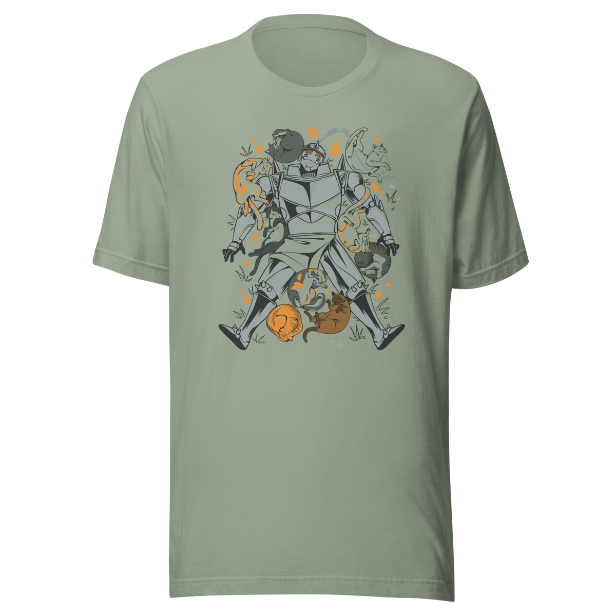 A steel-armored warrior surrounded by sleeping and playful cats, with orange hearts and tiny flowers scattered around. The humorous illustration combines medieval armor with a cozy feline theme.
