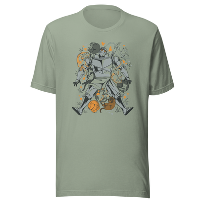 A steel-armored warrior surrounded by sleeping and playful cats, with orange hearts and tiny flowers scattered around. The humorous illustration combines medieval armor with a cozy feline theme.