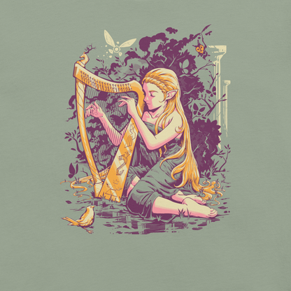 An elven musician in a dress plays a golden harp in a lush woodland setting, surrounded by birds, foliage, and small magical details. The vintage-inspired illustration conveys serenity, nature, and gentle fantasy.