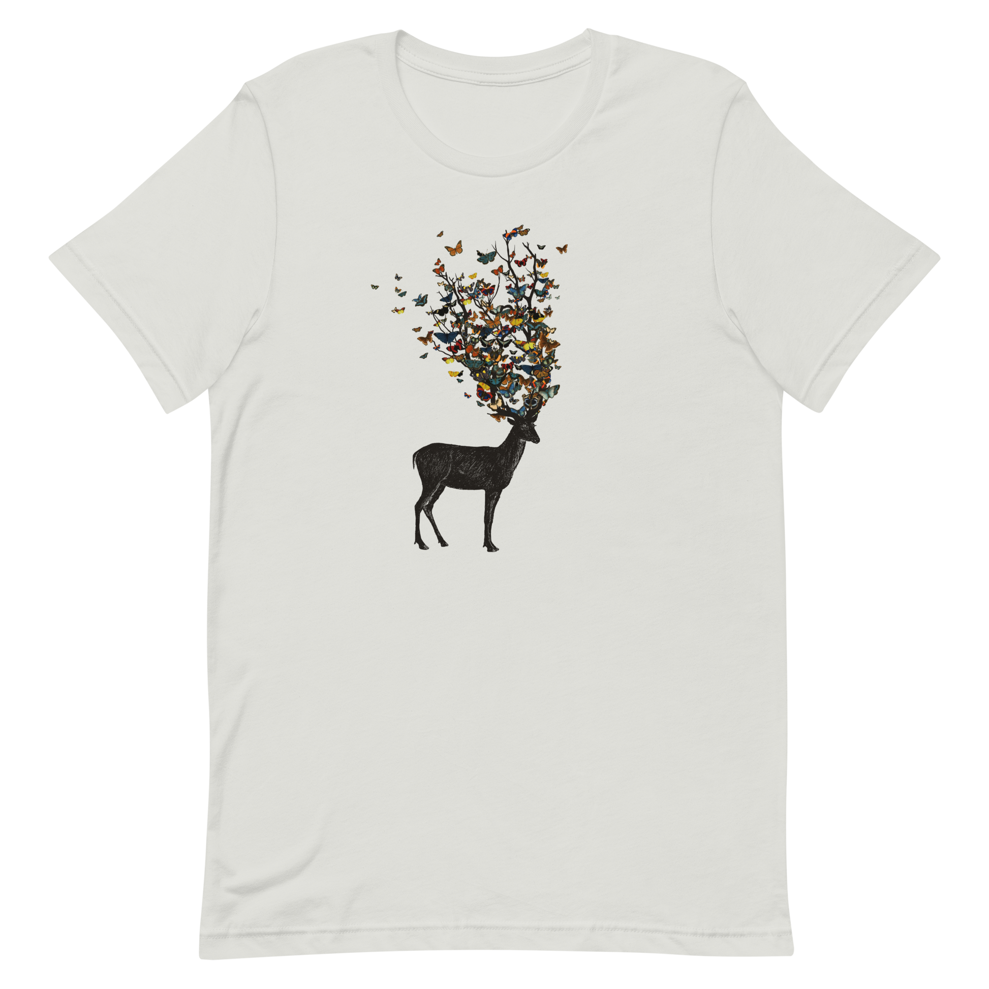 The image depicts a dark, silhouetted deer standing on a neutral background. Instead of branches, its antlers transform into a swirling cloud of vibrant, colorful butterflies that extend upwards and outward. The mix of organic and ethereal elements creates a captivating and whimsical visual contrast.