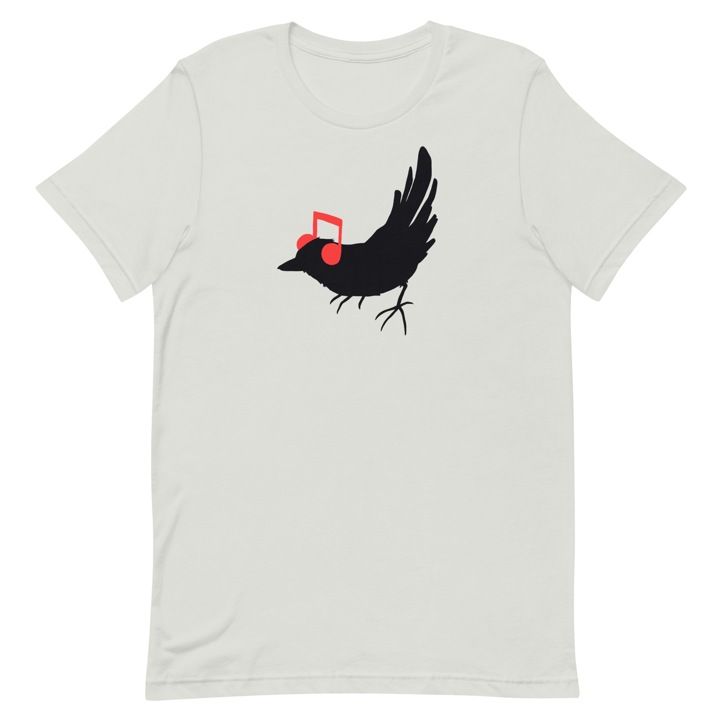 The drawing is a black silhouette of a bird in profile, standing on the ground, with bright red musical notes positioned like headphones over its ears, creating a whimsical and playful contrast. The drawing is simple, using solid colors and minimal details, giving it a modern and fun feel suitable for various merchandise like t-shirts, stickers, coffee cups, and skateboards.
