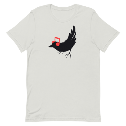 The drawing is a black silhouette of a bird in profile, standing on the ground, with bright red musical notes positioned like headphones over its ears, creating a whimsical and playful contrast. The drawing is simple, using solid colors and minimal details, giving it a modern and fun feel suitable for various merchandise like t-shirts, stickers, coffee cups, and skateboards.