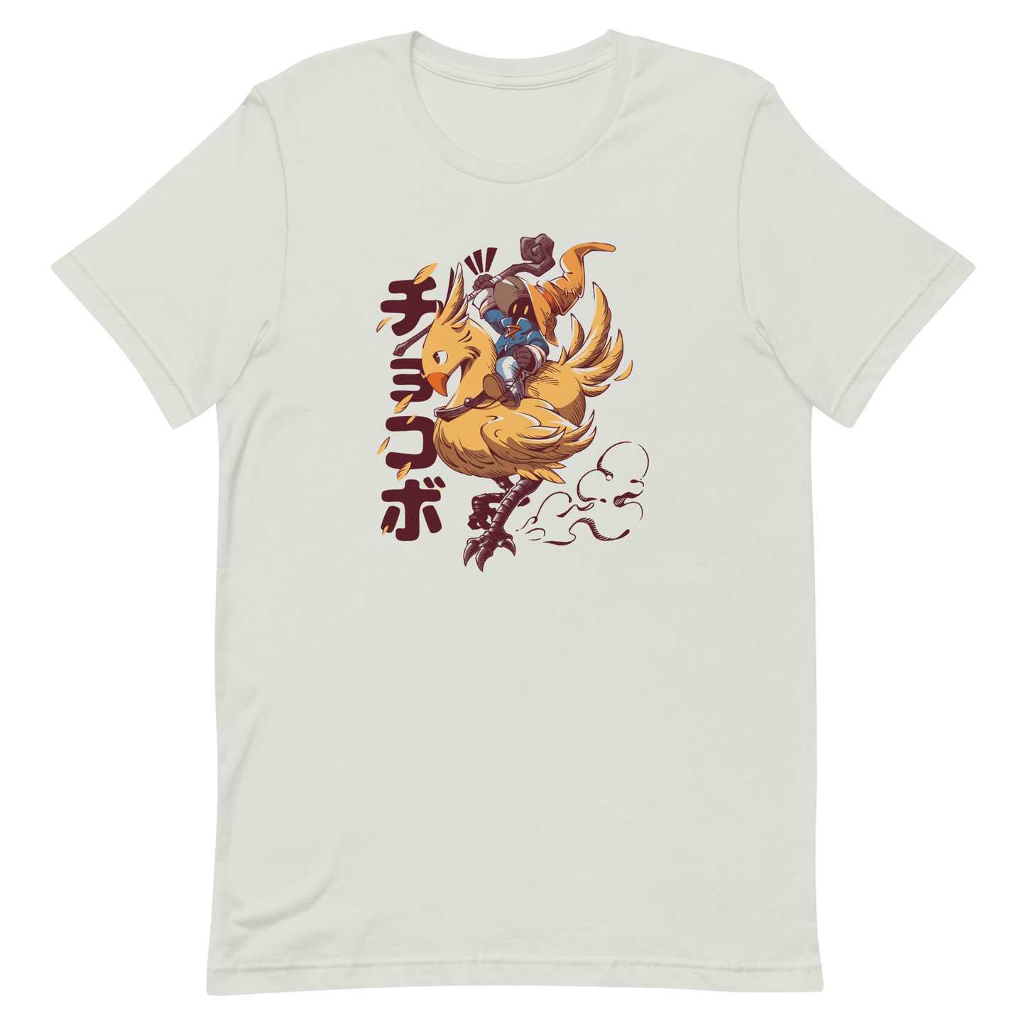 A speedy yellow bird dashes forward with a tiny mage rider gripping tight and ready for action. A fun and nostalgic design full of movement and fantasy charm.