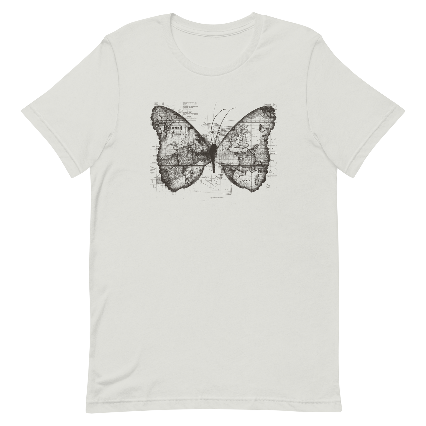 The image features a black and white butterfly where the wings are created using ancient world map designs. The maps overlay in intricate detail, blending geographical elements with the organic shape of the butterfly. Surrounding the butterfly are faint outlines of text and additional geographic features, creating a vintage and exploratory vibe.
