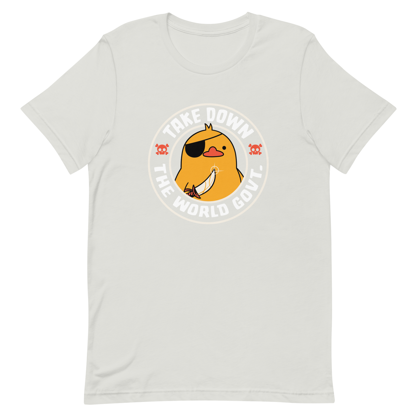 A stamp-like design featuring a fearless duck wearing an eyepatch and wielding a sword, with the words “Take Down The World Govt.” written around it. This artwork represents rebellion and independence for those who refuse to follow rules . Ideal for free-spirited people, pirate adventures appreciators, duck lovers or those who simply enjoy unique and irreverent art.