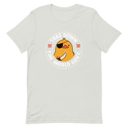 A stamp-like design featuring a fearless duck wearing an eyepatch and wielding a sword, with the words “Take Down The World Govt.” written around it. This artwork represents rebellion and independence for those who refuse to follow rules . Ideal for free-spirited people, pirate adventures appreciators, duck lovers or those who simply enjoy unique and irreverent art.