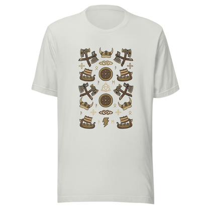 The artwork features a symmetrical illustration with axes, wooden shields, Viking helmets, longships, and runes in earthy tones on a dark background. Each element reinforces the classic Nordic aesthetic, blending iconic symbols with a detailed and super harmonious cartoon style. Perfect for fans of Viking culture, Norse mythology, RPGs, and anyone who loves prints with an epic and stylized vibe.