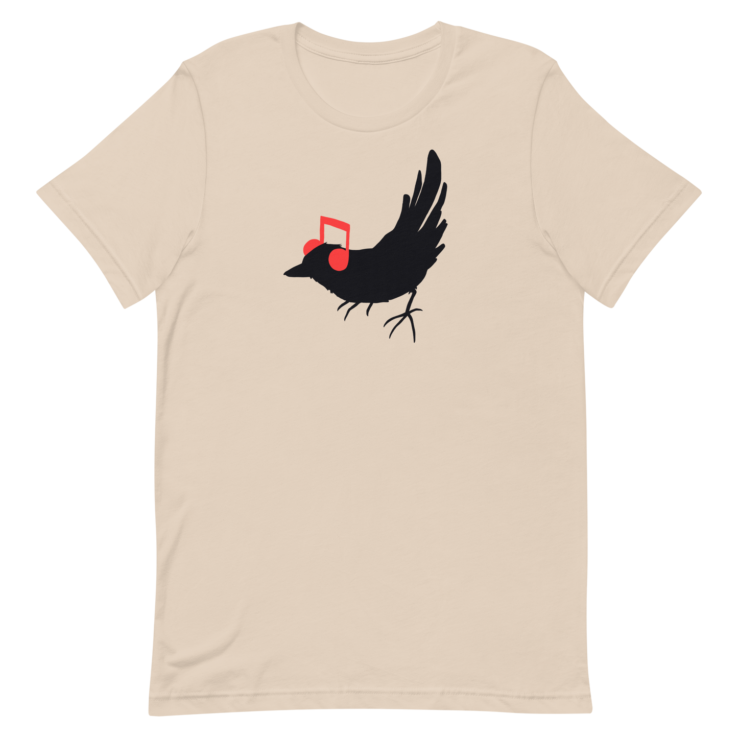 The drawing is a black silhouette of a bird in profile, standing on the ground, with bright red musical notes positioned like headphones over its ears, creating a whimsical and playful contrast. The drawing is simple, using solid colors and minimal details, giving it a modern and fun feel suitable for various merchandise like t-shirts, stickers, coffee cups, and skateboards.