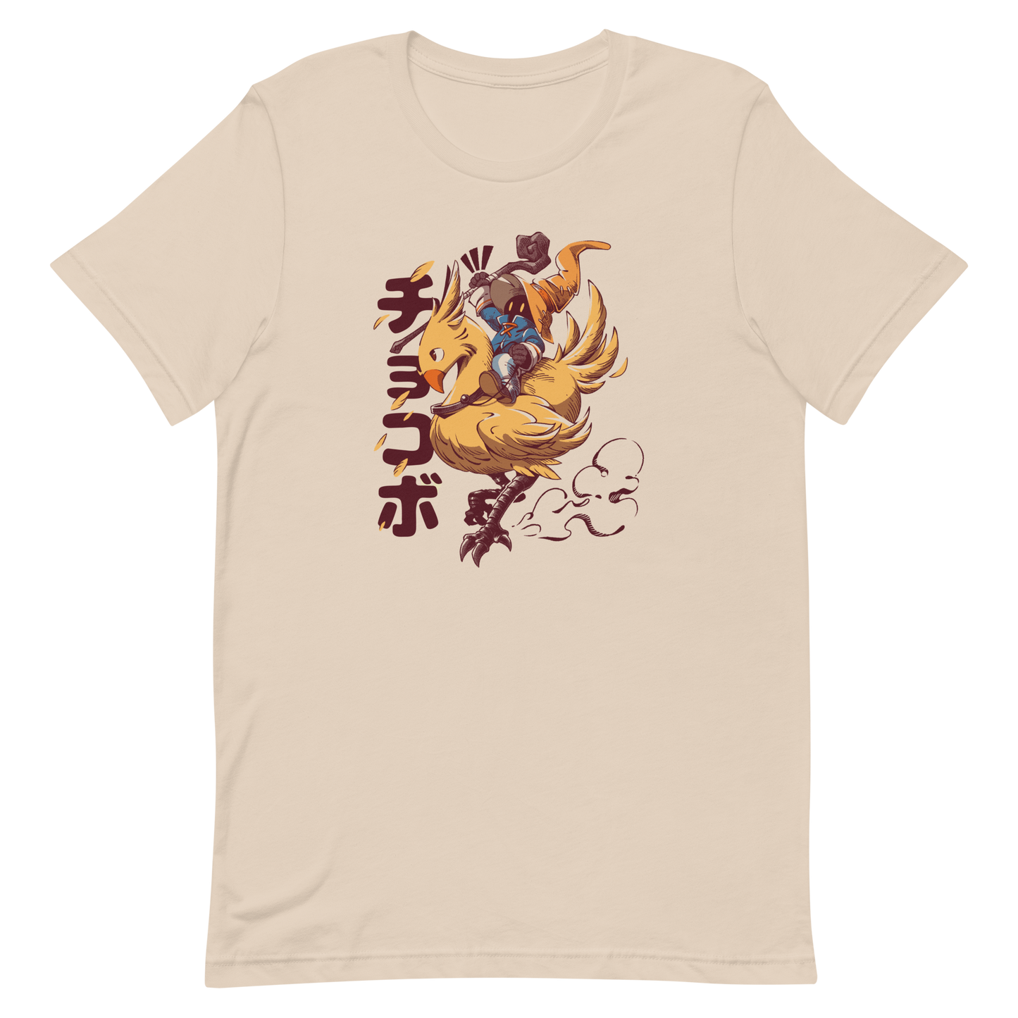 A speedy yellow bird dashes forward with a tiny mage rider gripping tight and ready for action. A fun and nostalgic design full of movement and fantasy charm.