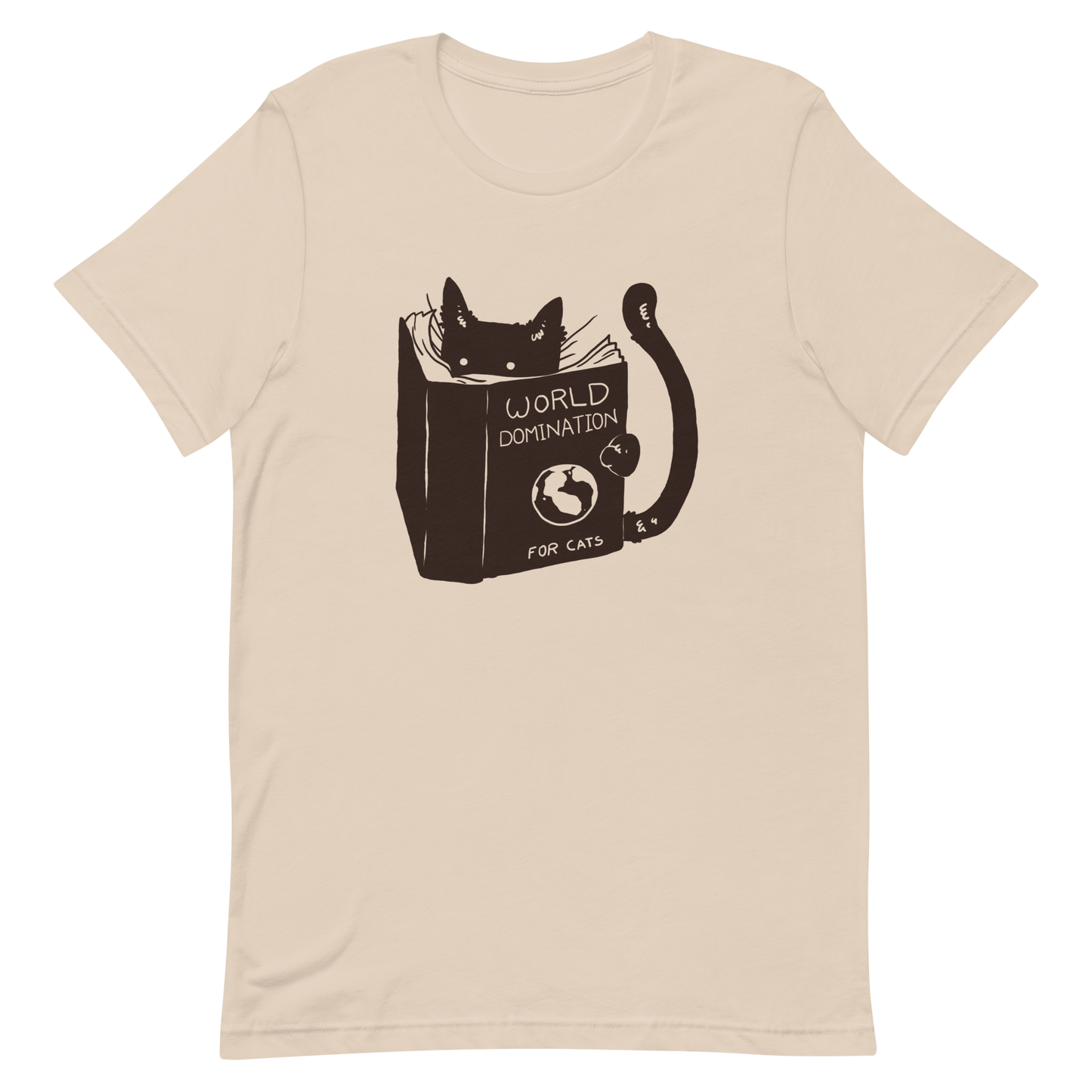 The design features a black silhouette of a cat peeking from behind an oversized book. The book's cover reads 'World Domination for Cats,' and includes a simple drawing of a globe. The cat's eyes are wide open, suggesting either surprise or intense focus on its 'world domination' plans.