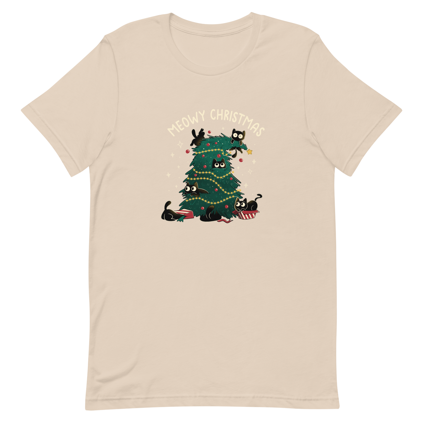 A Christmas tree full of black kittens hanging from it as if they were playing with it, an art that plays on how cats love Christmas trees. A perfect gift for anyone who loves Christmas and cats.