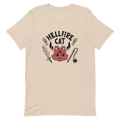 Vintage-style illustration of a cute red devil cat with small horns and a pentagram on its forehead, surrounded by flames, weapons, fish skeletons, and the bold phrase “Hellfire Cat” in a playful gothic design.