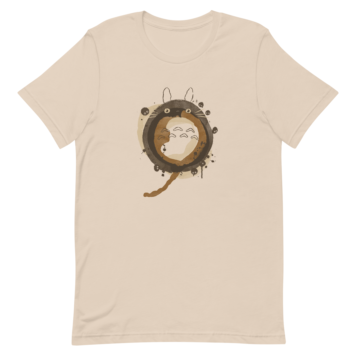 A watercolor-style creature forms a circular shape in soft shades of brown, surrounded by tiny forest spirits. The minimalist ink and watercolor textures create a dreamy, nostalgic atmosphere. Perfect for fans of nature, calm energy, and magical worlds.