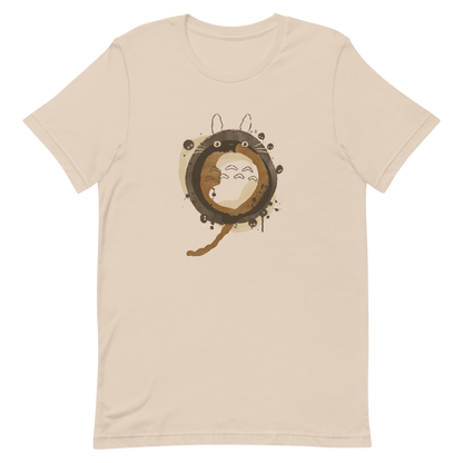 A watercolor-style creature forms a circular shape in soft shades of brown, surrounded by tiny forest spirits. The minimalist ink and watercolor textures create a dreamy, nostalgic atmosphere. Perfect for fans of nature, calm energy, and magical worlds.