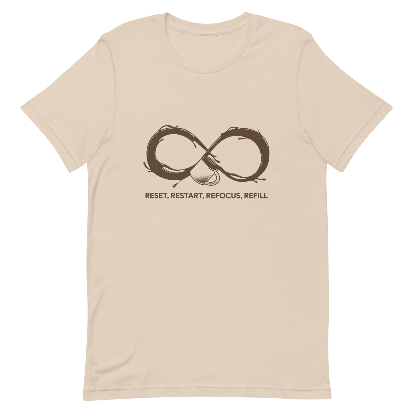 A coffee cup spills endlessly, forming an infinity symbol made of flowing coffee. This artwork celebrates the endless cycle of energy, focus, and motivation that keeps us going. Perfect for coffee lovers, caffeine addicts, and anyone who believes that every restart begins with a refill.
