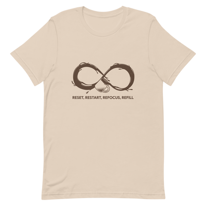 A coffee cup spills endlessly, forming an infinity symbol made of flowing coffee. This artwork celebrates the endless cycle of energy, focus, and motivation that keeps us going. Perfect for coffee lovers, caffeine addicts, and anyone who believes that every restart begins with a refill.