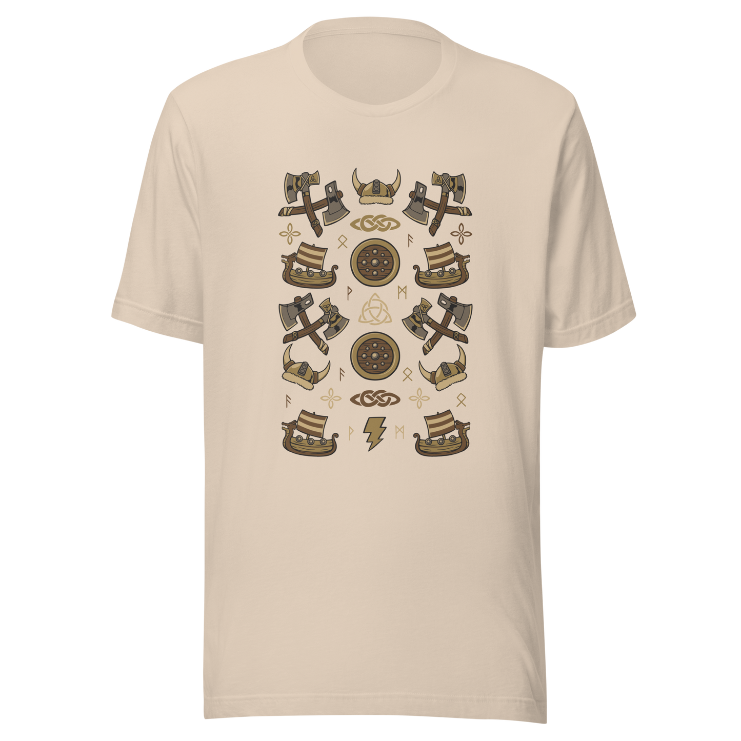 The artwork features a symmetrical illustration with axes, wooden shields, Viking helmets, longships, and runes in earthy tones on a dark background. Each element reinforces the classic Nordic aesthetic, blending iconic symbols with a detailed and super harmonious cartoon style. Perfect for fans of Viking culture, Norse mythology, RPGs, and anyone who loves prints with an epic and stylized vibe.