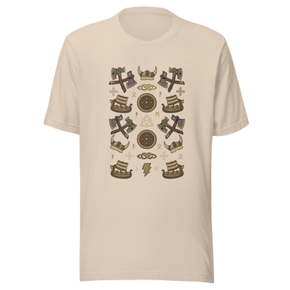 The artwork features a symmetrical illustration with axes, wooden shields, Viking helmets, longships, and runes in earthy tones on a dark background. Each element reinforces the classic Nordic aesthetic, blending iconic symbols with a detailed and super harmonious cartoon style. Perfect for fans of Viking culture, Norse mythology, RPGs, and anyone who loves prints with an epic and stylized vibe.